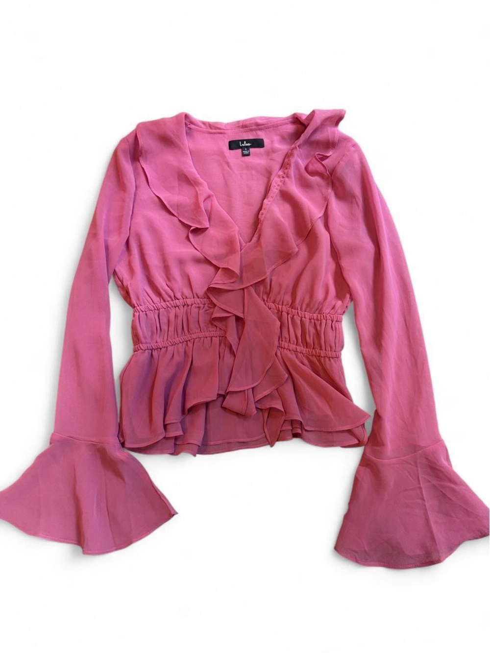 Lulu's Pink Ruffle V-Neck Long Sleeve Blouse